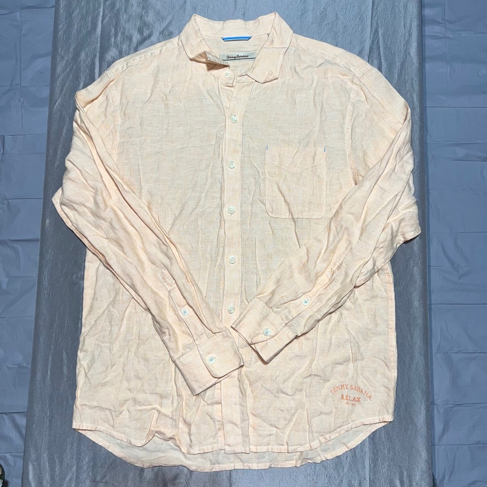 Tommy Bahama Relax Mens Large Peach 100% Linen Long Sleeve Button Down Shirt